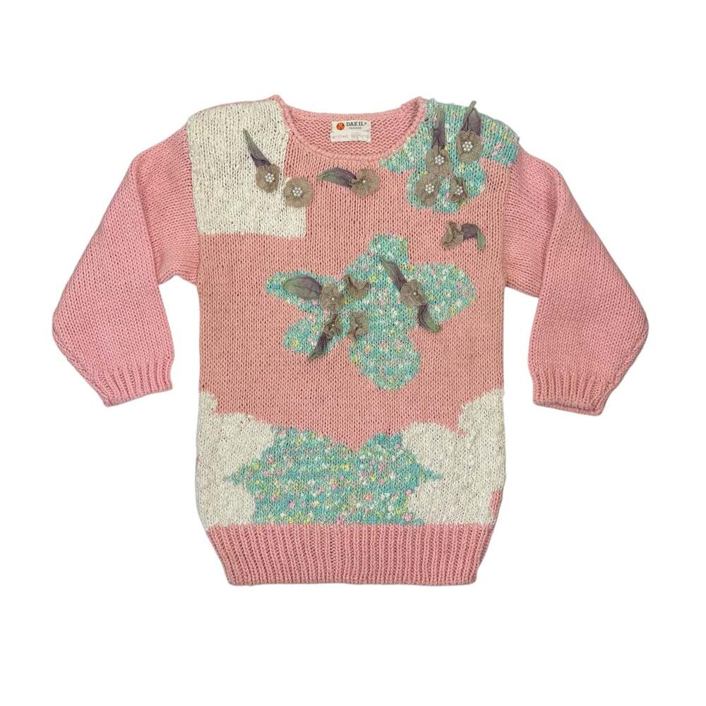 Vintage 80s Daeil Pink Floral Beaded Hand Knit Pullover Sweater S